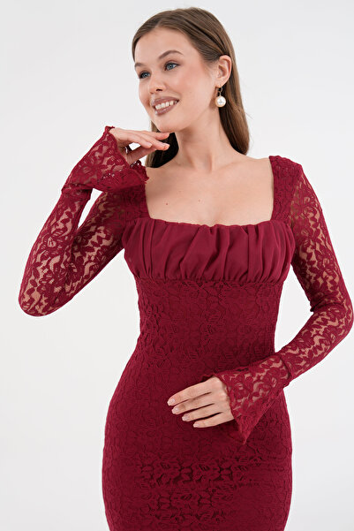 bayansepeti Burgundy Lace Midi Dress - Square Neck, Long Sleeve, Layered Lace Lining 209