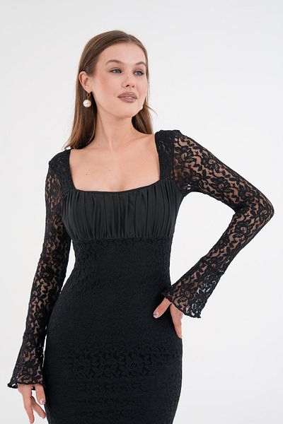 bayansepeti Square Neckline and Long Lace Sleeve Design - Black Midi Dress 209