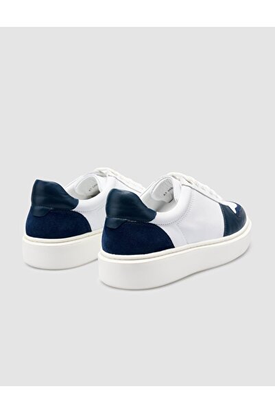 Cabani %100 Hakiki Deri Beyaz - Mavi Bağcıklı Erkek Sneaker