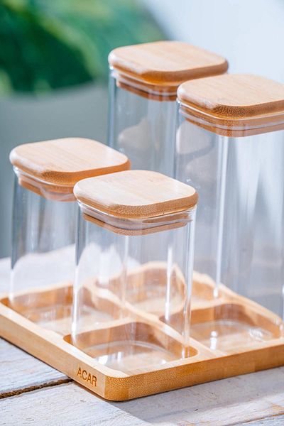 ACAR Malibu 4-Piece Glass Spice Rack Set with Bamboo Stand