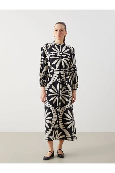 LC Waikiki Lcwaikiki Classic Black Stand Collar Print Women's Dress
