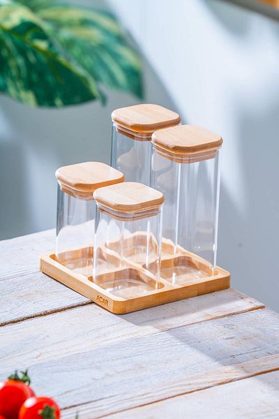 ACAR Malibu 4-Piece Glass Spice Rack Set with Bamboo Stand