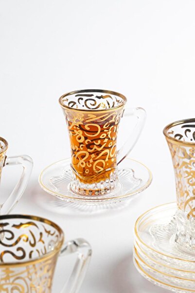 mastergold 6 Pcs Borosilicate Glass Tea Cups and Saucers Set 80ml with Gold Arabic Letters With Modern Design