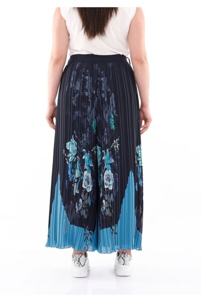 Guzella Navy Blue Floral Patterned Plus Size Chiffon Trousers