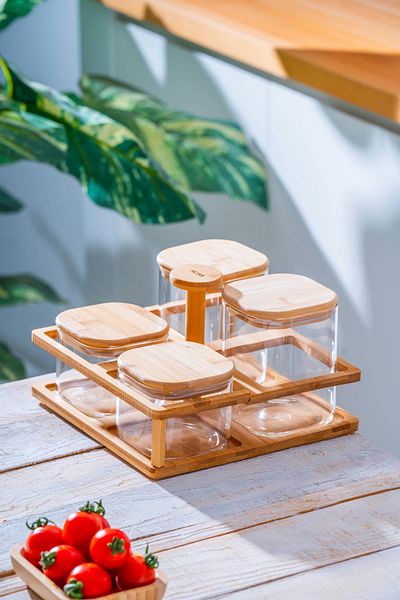 ACAR Malibu 4-Piece Glass Spice Rack Set with Bamboo Stand