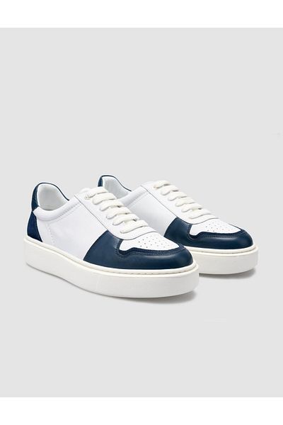 Cabani 100% Genuine Leather White - Blue Lace-Up Men's Sneakers