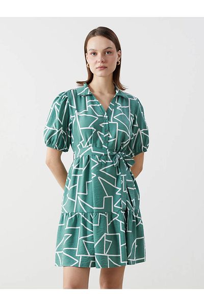 LC Waikiki Lcw Comfort Green Shirt Collar Print Women's Dress
