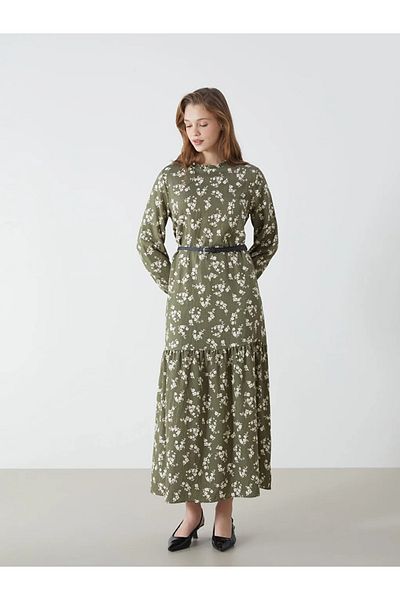 LC Waikiki Γυναικείο φλοράλ φόρεμα LCW Modest Green Stand Collar