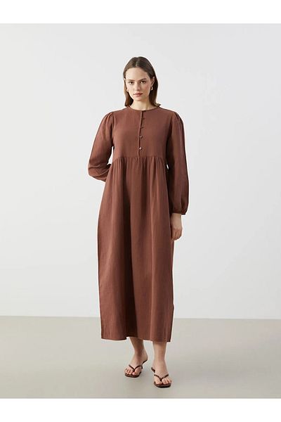 LC Waikiki Γυναικείο φόρεμα LCW Modest Brown Crew Neck