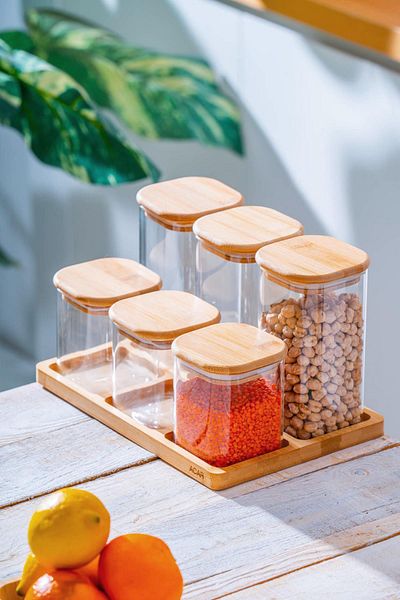 ACAR Malibu 6-Piece Glass Spice Rack Set with Bamboo Stand