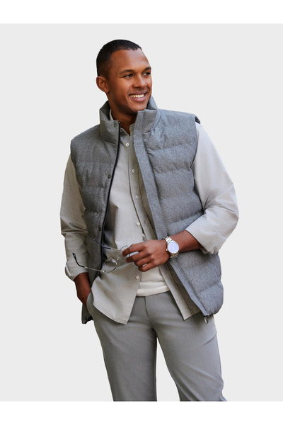OMBRE Men's quilted wool sleeveless jacket - grey melange V1 OM-JAVJ-0200 L/XL