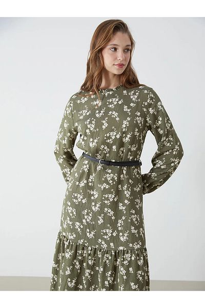 LC Waikiki Γυναικείο φλοράλ φόρεμα LCW Modest Green Stand Collar