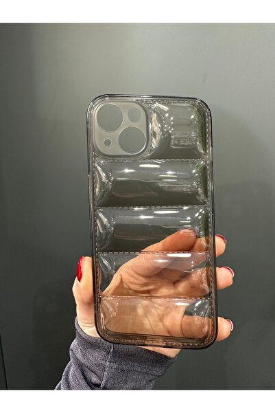 Classy İphone 13-14 Uyumlu Şeffaf Acıkahve Kabartmalı Lens Korumalı Lüks Kılıf