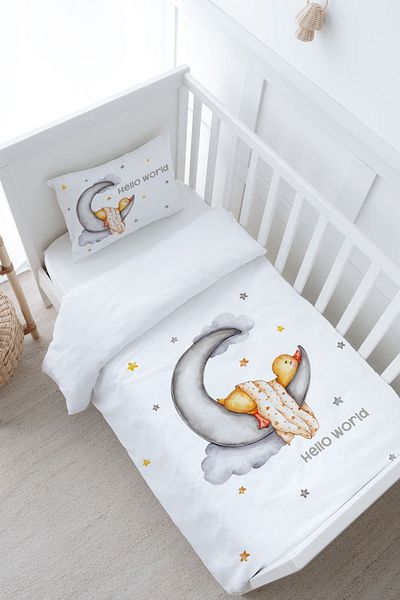 Tuğba Kuğu Pure Baby Series Baby Size Duvet Cover Set - Duck Sleeping on the Moon (100X150)