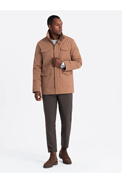 OMBRE Ανδρικό ελαφρύ μπουφάν με τσέπες και ψηλό γιακά - καφέ V5 OM-JALP-0167 S