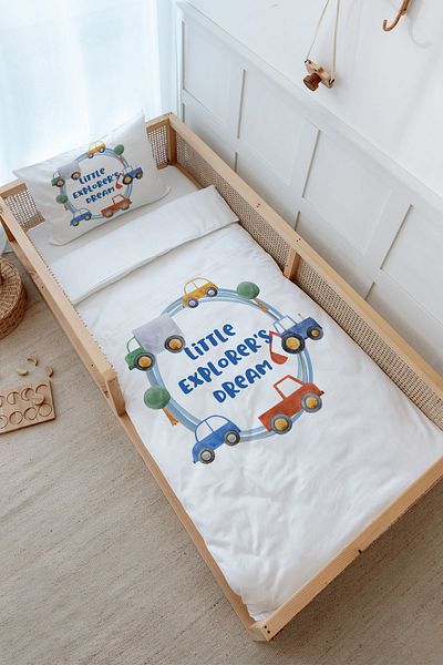 Tuğba Kuğu Montessori Duvet Cover Set (100X200) - for Baby Series - Cars in Blue Circle