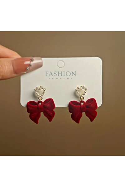 MAURA LIYUZA Kadife Fiyonk Şekilli İnci Kalp Detaylı Tasarım Küpe