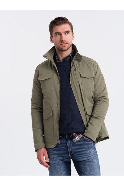 OMBRE Leichte Herrenjacke mit Taschen und hohem Kragen - khaki V3 OM-JALP-0167 S