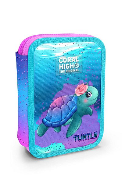 Coral High Παιδική τσάντα μολυβιού διπλής στρώσης με μοτίβο ροζ μπλε χελώνας 11134