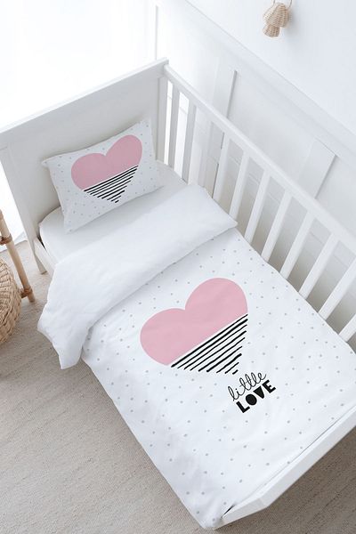 Tuğba Kuğu Baby Size Duvet Cover Set (100X150) - Pure Baby Series - Pink Striped Heart