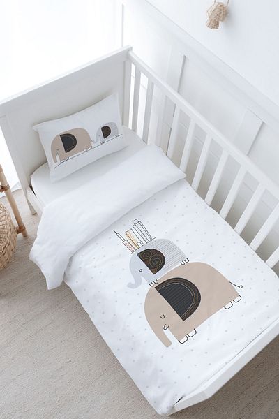 Tuğba Kuğu Pure Baby Series - 100X150 Baby Size Duvet Cover Set, Elephants and Houses