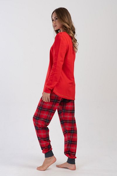 VİENETTA Women's Plus Size 2 Thread Long Sleeve Red Pajamas Suit C2T1N0O304