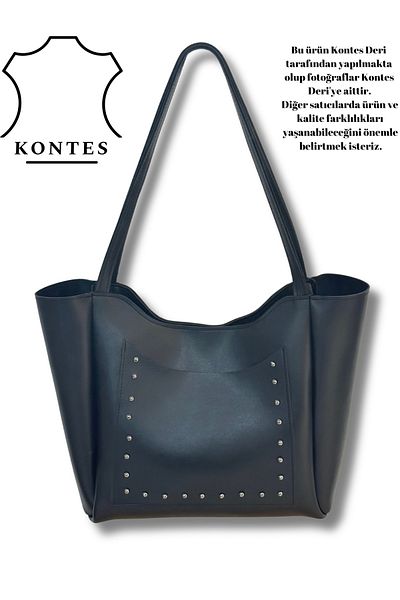 Kontes Women's Shopper Hand and Shoulder Bag with Front Pocket, Staple Detail, Zipper and Snap Closure