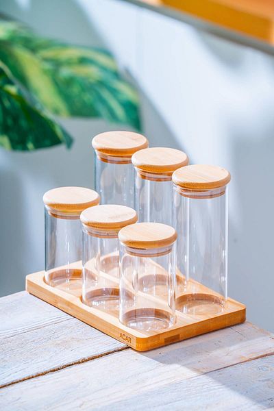 ACAR Malibu 6-Piece Glass Spice Rack Set with Bamboo Stand