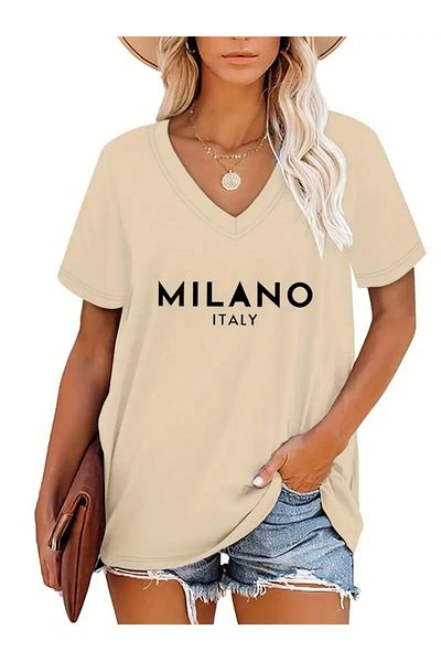 Deocept Tricou oversize cu decolteu în V cu imprimeu pentru femei