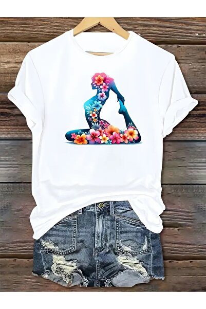 WOODROFFE تي شيرت يوجا بطبعة زهور - كبير الحجم، فضفاض، مطبوع (1010)