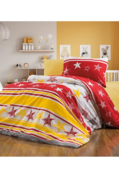 GÖRMEZ TEKSTİL Μονό Σετ Βαμβακερό Παπλωματοθήκη με Κίτρινο ΚΟΚΚΙΝΟ Ελαστικό Σ...