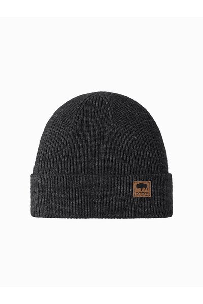 OMBRE Herren Strickmütze mit Patch - schwarz meliert V1 OM-ACWH-0123