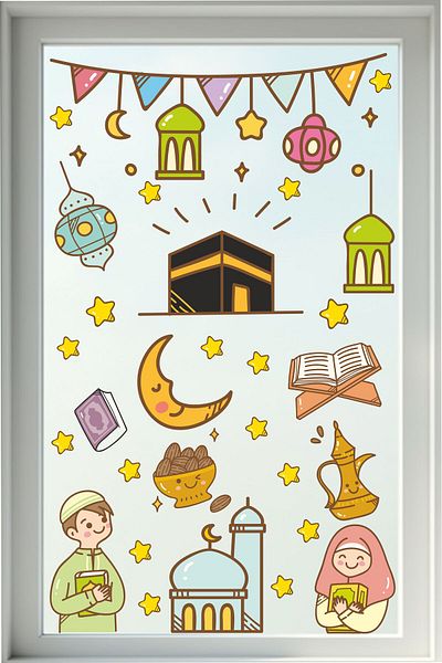 TUGİBU Ramadan Decorations, Ramadan Bear Glass and Wall Sticker Set, Welcome Ramadan Sticker Set