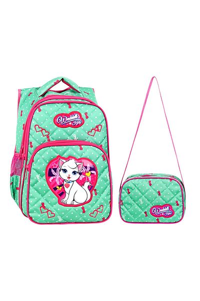 Linea Waddell 3 Compartment Primary School and Lunch Box - White Cat Water Green 24002