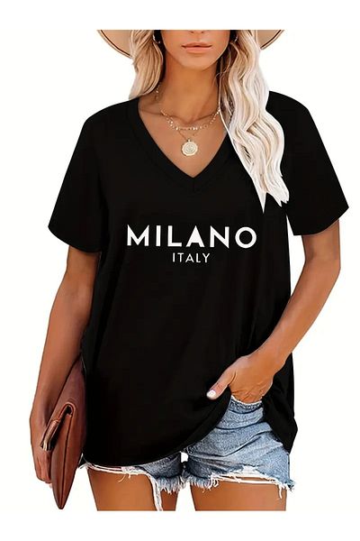 Deocept Tricou oversize cu decolteu în V cu imprimeu pentru femei