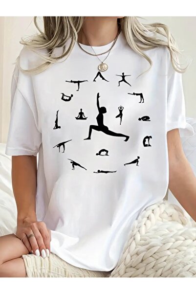 WOODROFFE Kadın YOGA Saat Tasarım Baskılı Tişört Oversize Salaş (1012)