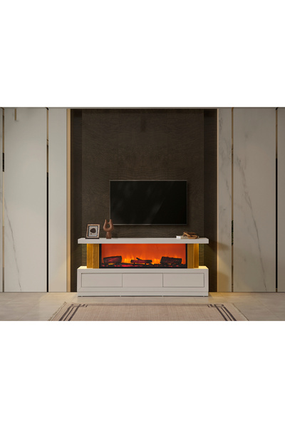 HOLM EV DESİGN Şömineli Çekmeceli Mdf Tv Ünitesi Tv Sehpası