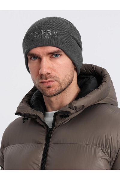 OMBRE Herren Strickmütze mit gestickter Aufschrift - Graphit V2 OM-ACWH-0120