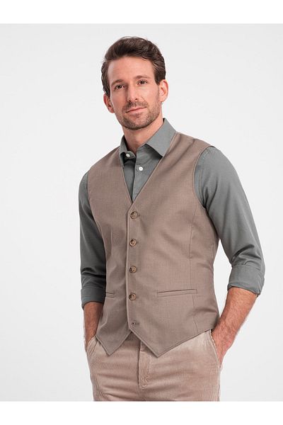 OMBRE Herren Anzugweste ohne Revers - beige V2 OM-BLZV-0112 S