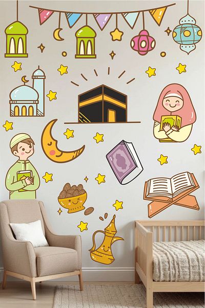 TUGİBU Ramadan Decorations, Ramadan Bear Glass and Wall Sticker Set, Welcome Ramadan Sticker Set