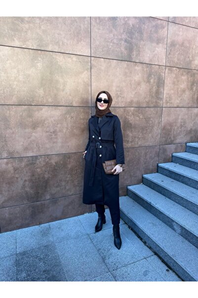 soonaksesuar Women's Long Sleeve Neck Front Button Waist Belt Midi Gabardine Trench Coat