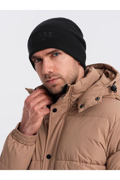 OMBRE Herren Strickmütze mit gestickter Aufschrift - schwarz V1 OM-ACWH-0120