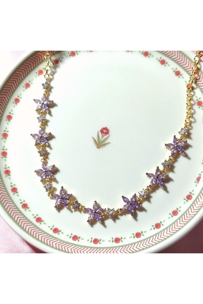 Reory Accessory Lila Zirkon Taşlı Prenses Water Lily Çiçek Choker Kolye