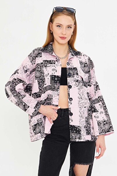 armonika Women's Pink Patterned Pocket Detail Shirt Jacket Arm-25K 001071