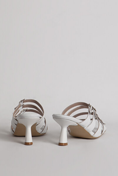 Dericlub White Genuine Leather Women's Heeled Slippers - Blunt Toe and Belt Band 714