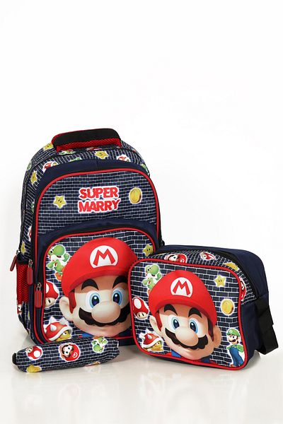 Moricha Set de pix triplu, spate și cutie de prânz pentru școala primară și gimnazială cu imprimeu Super Mario pentru băieți