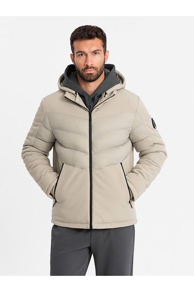OMBRE Men's quilted jacket with high collar - beige V4 OM-JALP-0172 M