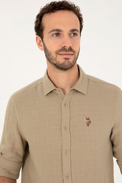 U.S. Polo Assn. Ανδρικό μακρυμάνικο πουκάμισο ανοιχτό χακί 50283723 -VR183