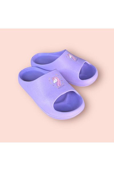 AkınalBella Female Child Lilac Unicorn Printed Light Sole Beach Daily Sea Slide Slippers