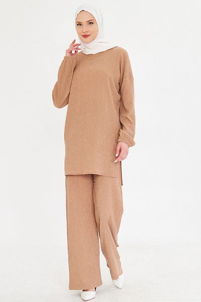 armonika Set din două piese Hijab bej - decolteu cu mâneci elastice și pantaloni cu fante ARM-25K 001109